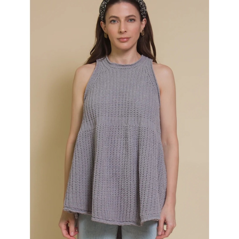 POL Medium Grey Babydoll Plush‎ Chunky Knit Sleeveless Sweater